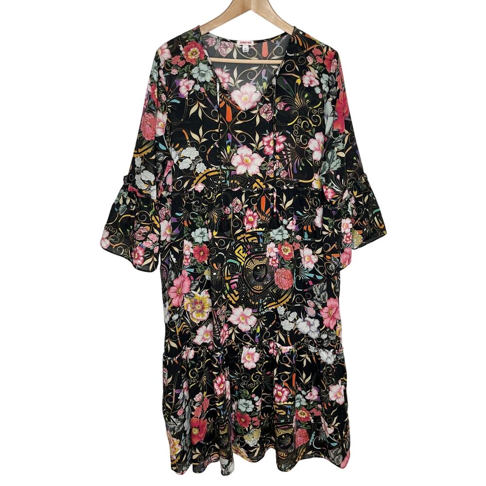 Johnny Was Womens Peace Ruffle Tiered Dress Medium Black Floral V Neck Boho - Picture 4 of 12